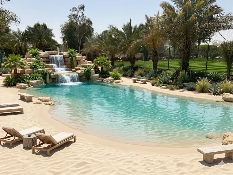 Beach-entry pool with a sandy shelf